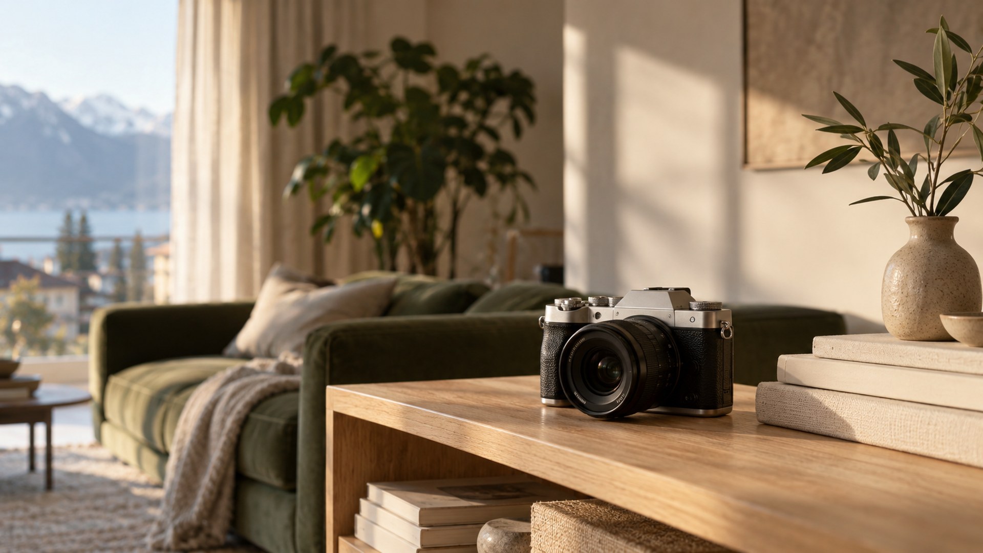 A silver camera on an oak shelf in a sunlit apartment